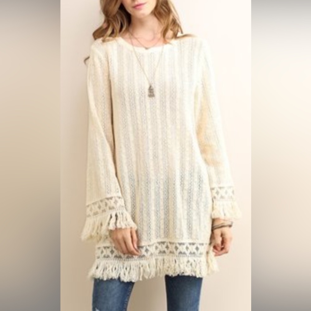 Tassels ‘n Lace Size Medium Cream Fringe Women's Sweater